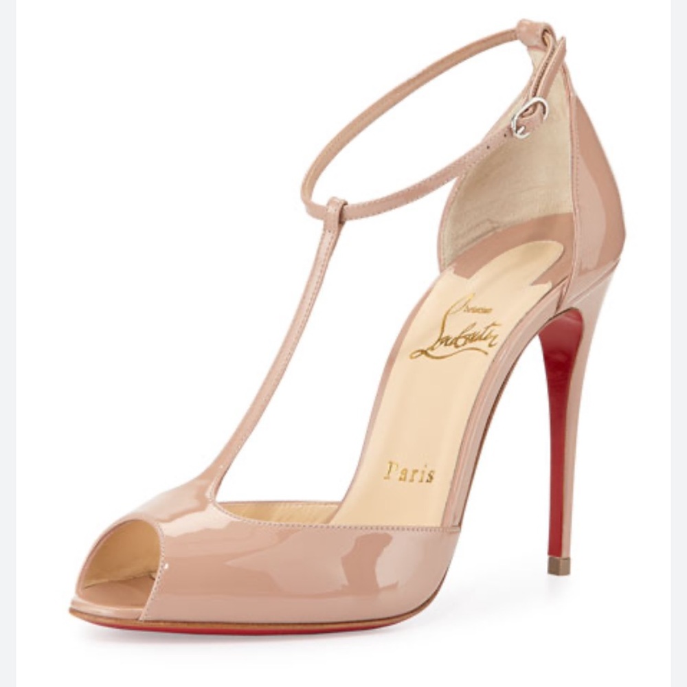 Authentic Christian Louboutin Patent Senora 100 Peep Toe Pumps, Nude